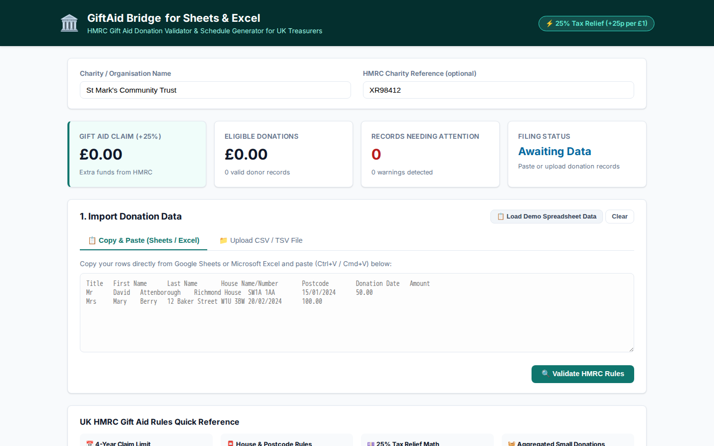 GiftAid Bridge application interface